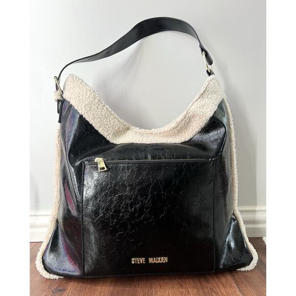 STEVE MADDEN Black Vegan Leather Shearling Extra Large Hobo Purse Bag Tote - Picture 1 of 13